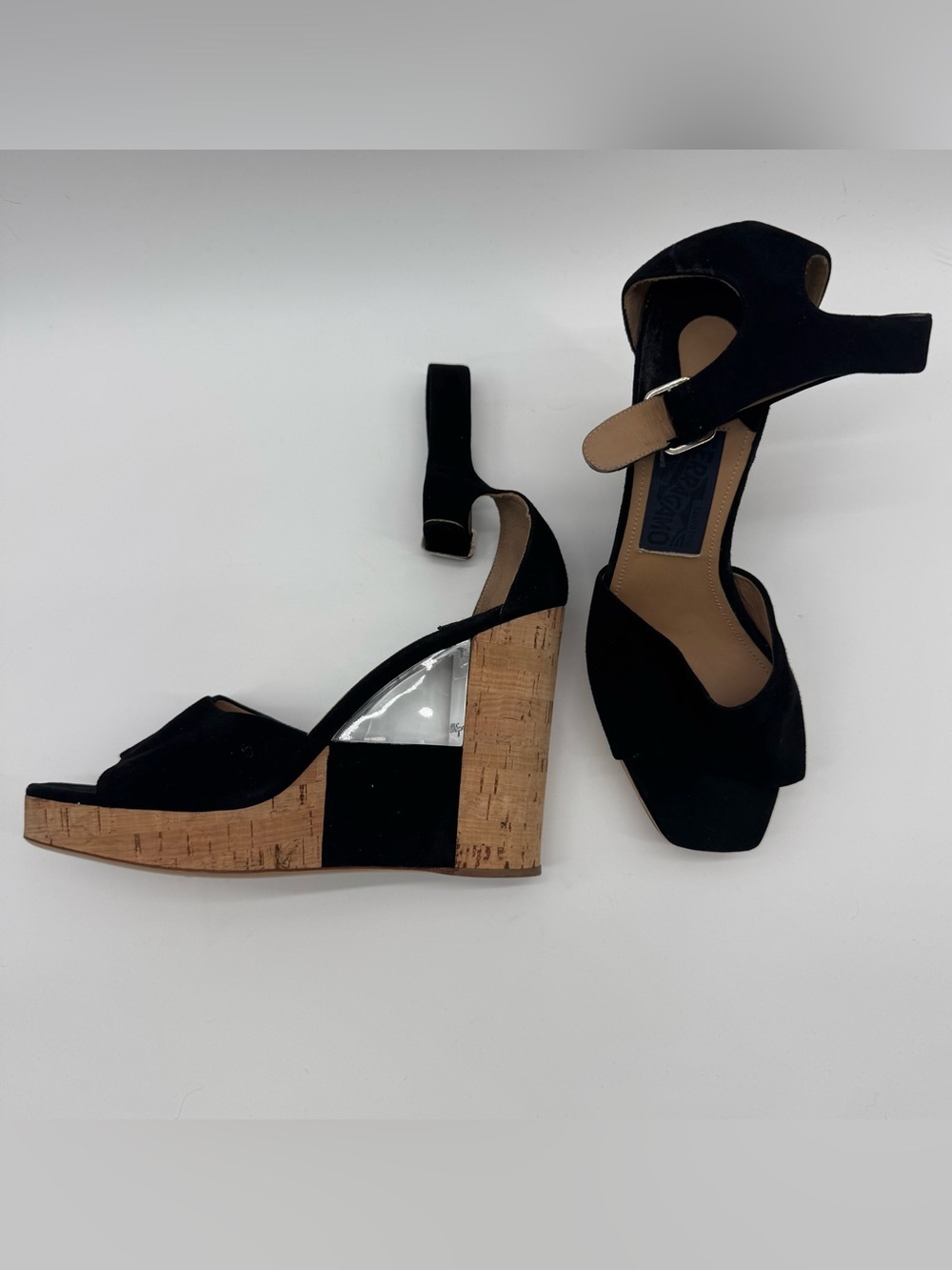 Salvatore Ferragamo Black Suede Cork Wedge Sandals with Ankle Strap sz8